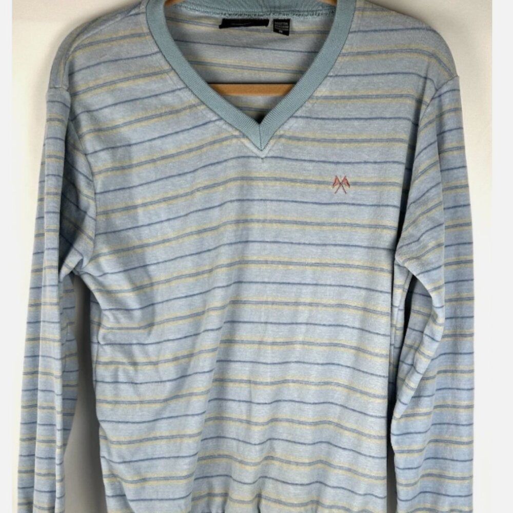 Vtg 70s Banner Collections Blue Striped Velour Long Sleeve Sweater Mens M V Neck